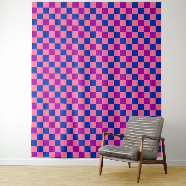 Blue Pink Purple Chequered Pattern Design  Tapestry (In Situ)