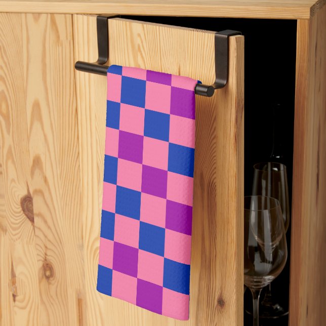 Blue Pink Purple Chequered Pattern Design  Tea Towel (Thirds Fold)