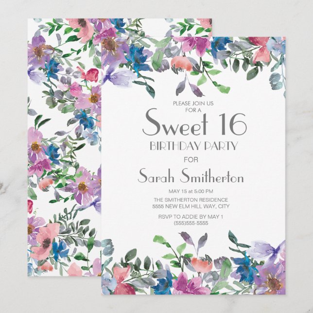 Blue Pink Purple Floral Sweet 16 Birthday Party Invitation (Front/Back)