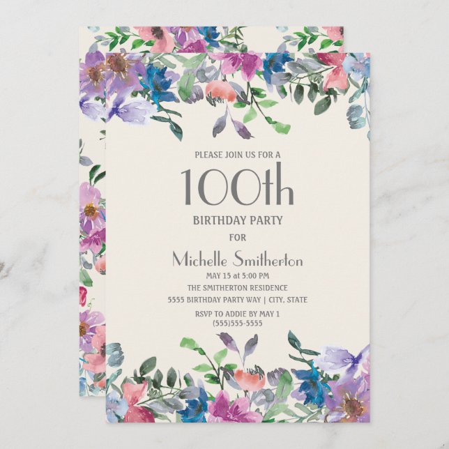 Blue Pink Purple Floral Women's 100th Birthday Invitation (Front/Back)