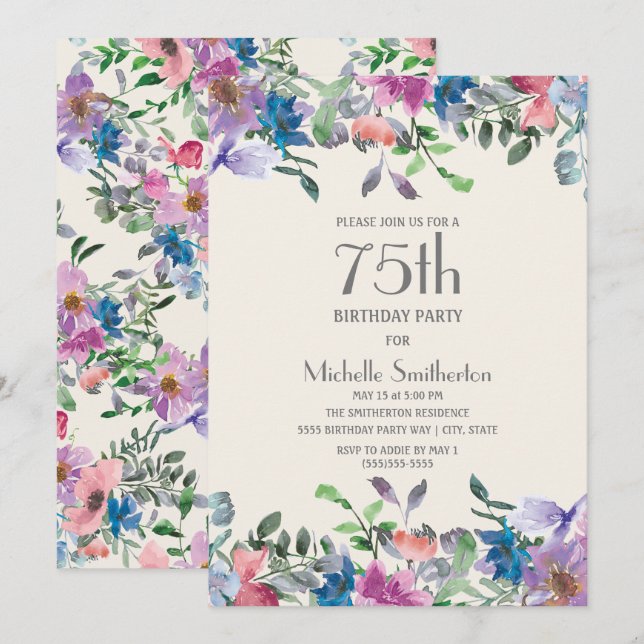 Blue Pink Purple Floral Women's 75th Birthday Invitation (Front/Back)