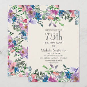 Blue Pink Purple Floral Women's 75th Birthday Invitation