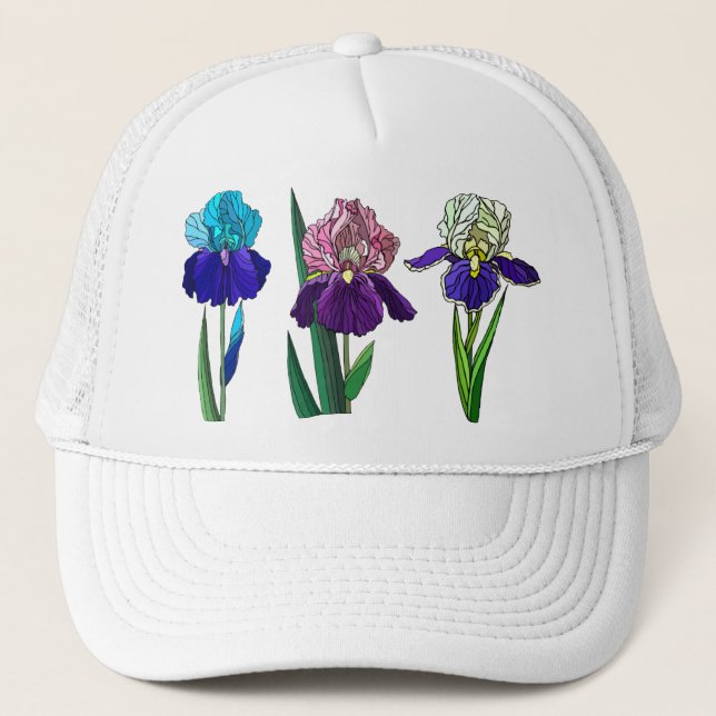 Blue, Pink, Purple Irises Trucker Hat (Front)