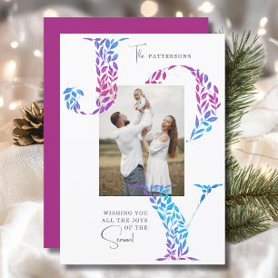 Blue Pink Purple Joy Family Christmas Photo Holiday Card