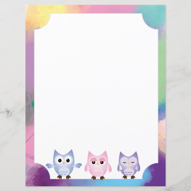 Blue, Pink, Purple Owls Colored Bordered Paper (Front)