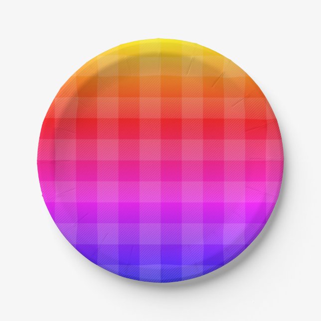 Blue pink purple red orange yellow plaid paper plate (Front)