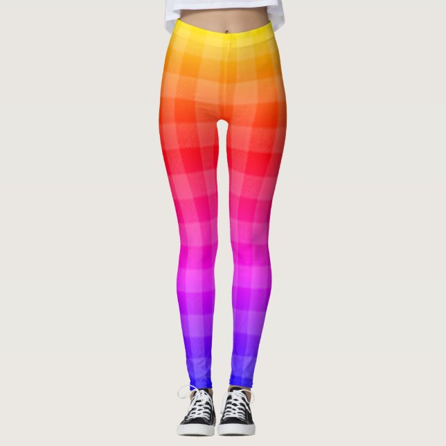 Blue pink purple red orange yellow plaid pattern   leggings (Front)