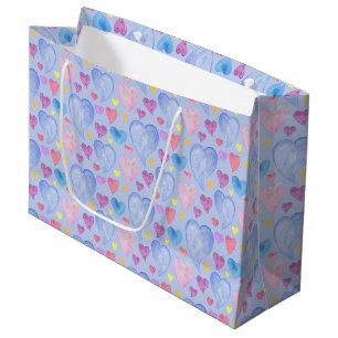BLUE PINK PURPLE WATERCOLOR HEARTS LARGE GIFT BAG
