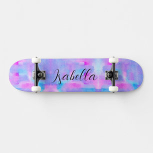 Blue Pink Purple Watercolor Painted Personalised Skateboard