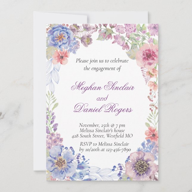 Blue, Pink & Purple Wildflower Engagement Party Invitation (Front)