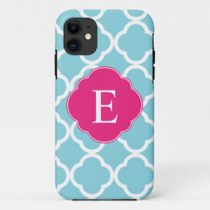 Blue Pink Quatrefoil Monogram iPhone 11 Case