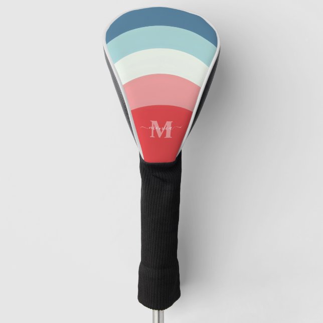 Blue Pink Rainbow Curve Stripes Monogram Name Golf Head Cover (Front)