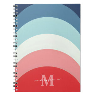 Blue Pink Rainbow Curve Stripes Monogram Name Notebook