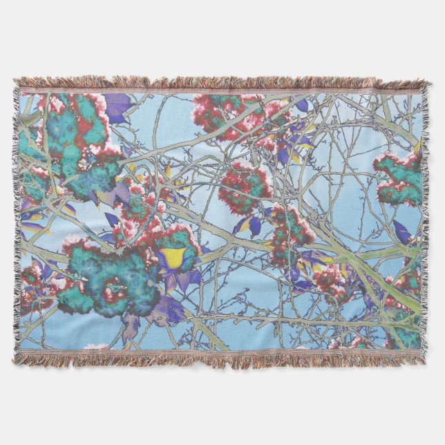 Blue pink red black abstract floral design throw blanket (Front)