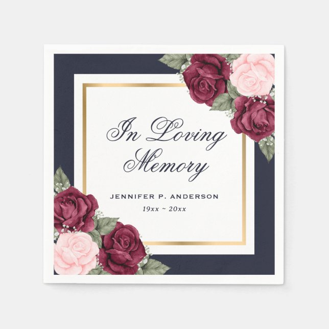 Blue Pink Red Gold Floral Funeral Memorial Napkin (Front)