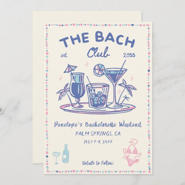 Blue & Pink Retro Cocktail Bachelorette Invitation (Front/Back)