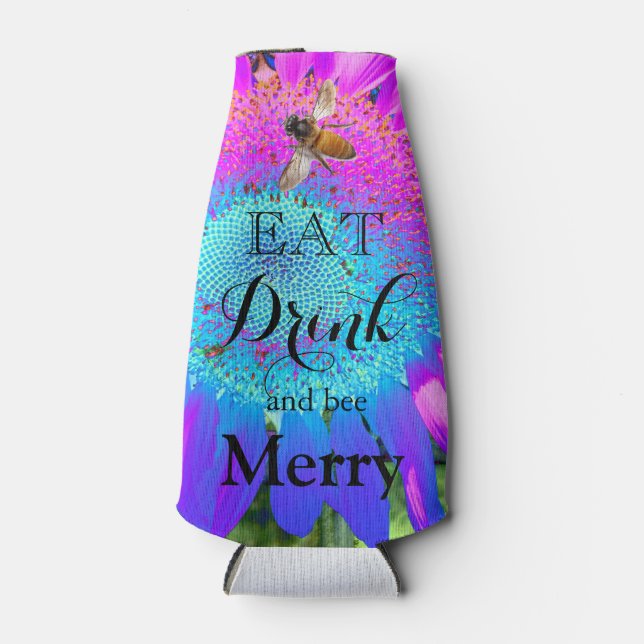 Blue pink retro funky sunflower photo bottle cooler (Front)