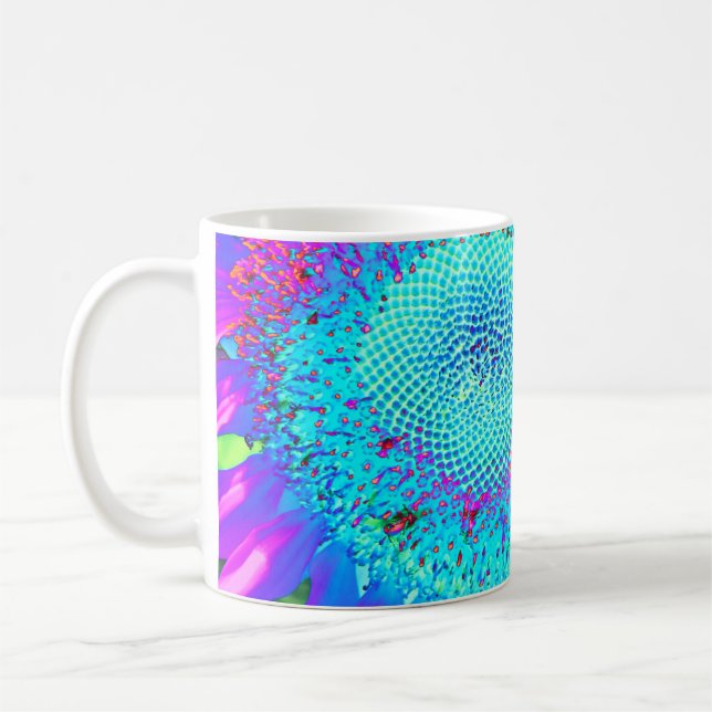 Blue pink retro funky sunflower photo coffee mug (Left)