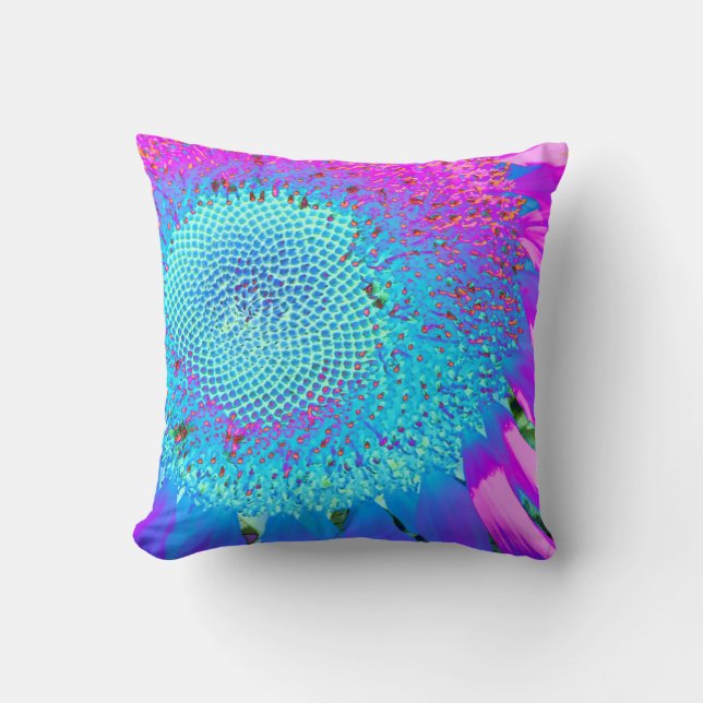 Blue pink retro funky sunflower photo cushion (Front)