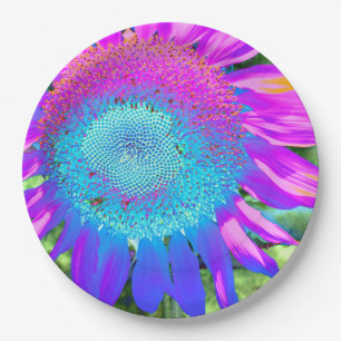 Blue pink retro funky sunflower photo paper plate
