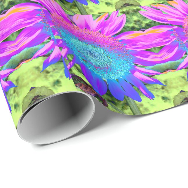 Blue pink retro funky sunflower photo wrapping paper (Roll Corner)