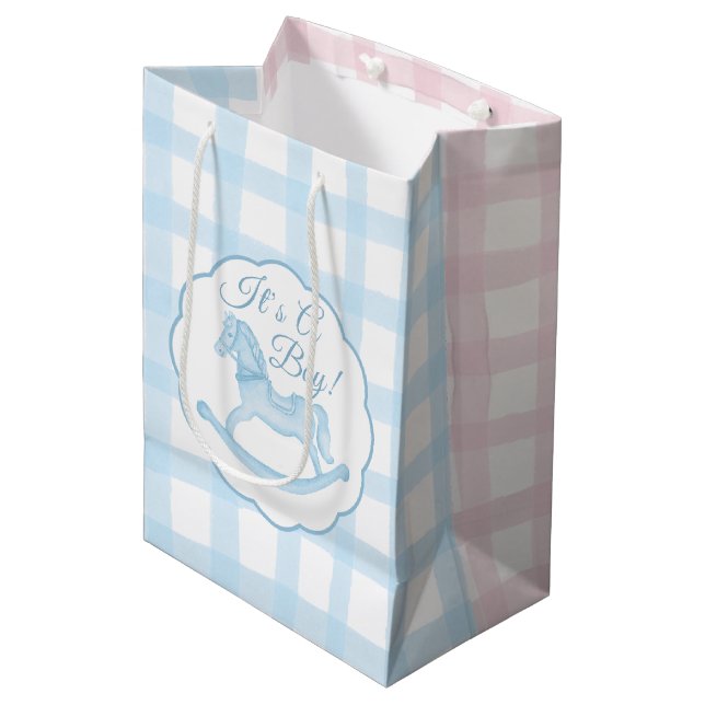 Blue Pink Rocking Horse Gender Reveal Gift Bag (Front Angled)