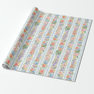 Blue Pink Rose Floral Stripe Watercolor Gift Wrapping Paper