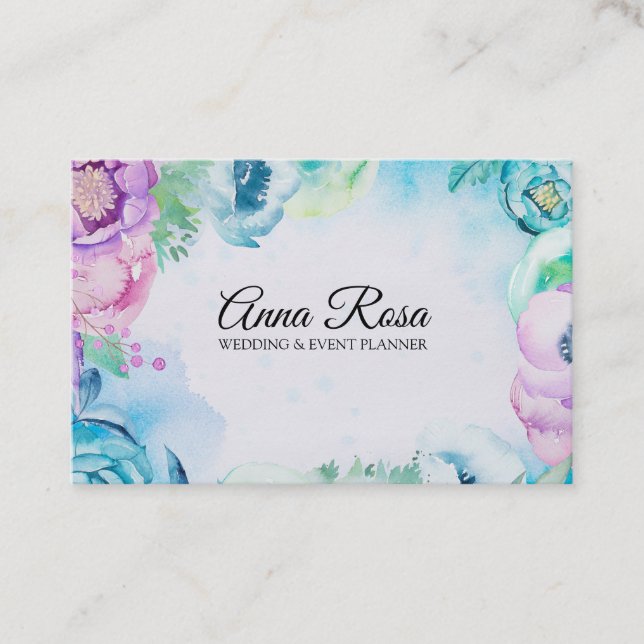 *~* Blue Pink Rose Floral Wedding Event Planner Business Card (Front)
