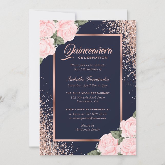 Blue Pink Rose Gold Floral Quinceañera Invitation (Front)