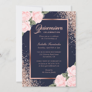 Blue Pink Rose Gold Floral Quinceañera Invitation