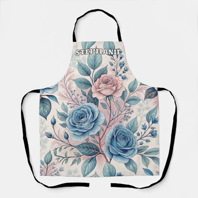 Blue & Pink Rose Pattern on Soft Pinkish-White Apron (Front)