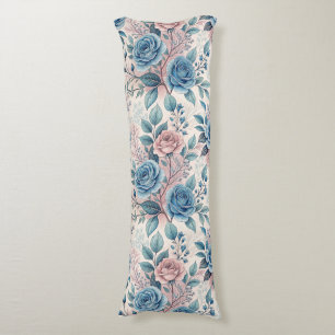 Blue & Pink Rose Pattern on Soft Pinkish-White Body Cushion
