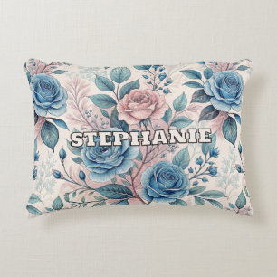 Blue & Pink Rose Pattern on Soft Pinkish-White Decorative Cushion