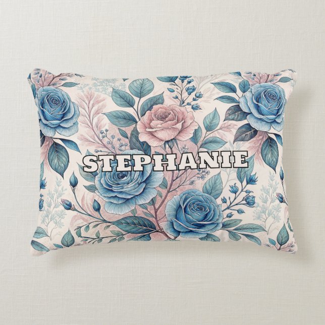 Blue & Pink Rose Pattern on Soft Pinkish-White Decorative Cushion (Front)