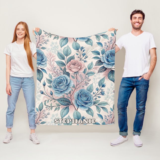 Blue & Pink Rose Pattern on Soft Pinkish-White Fleece Blanket (In Situ)