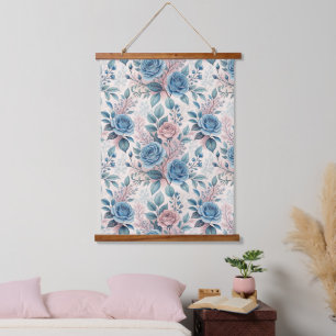 Blue & Pink Rose Pattern on Soft Pinkish-White Hanging Tapestry