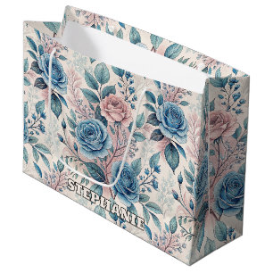 Blue & Pink Rose Pattern on Soft Pinkish-White Large Gift Bag
