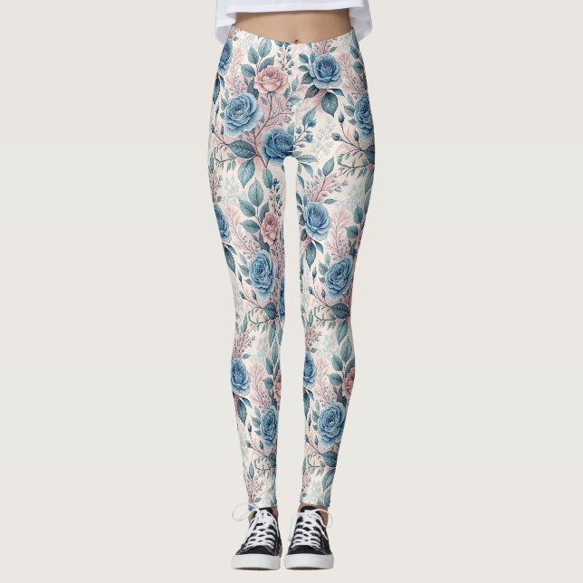 Blue & Pink Rose Pattern on Soft Pinkish-White Leggings (Front)