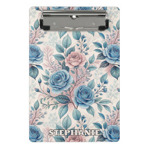 Blue & Pink Rose Pattern on Soft Pinkish-White Mini Clipboard