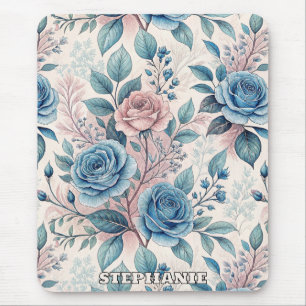 Blue & Pink Rose Pattern on Soft Pinkish-White Mouse Mat