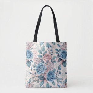 Blue & Pink Rose Pattern on Soft Pinkish-White Tote Bag