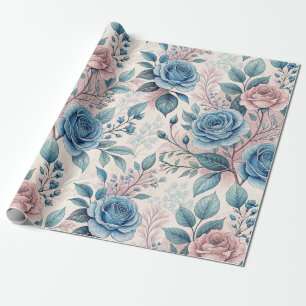 Blue & Pink Rose Pattern on Soft Pinkish-White Wrapping Paper