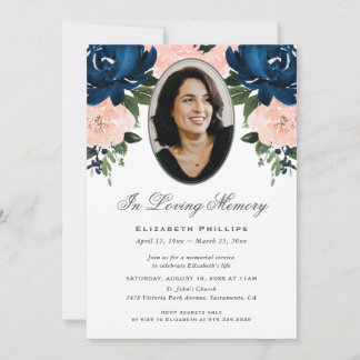 Blue Pink Roses Floral Photo Memorial Service Invitation