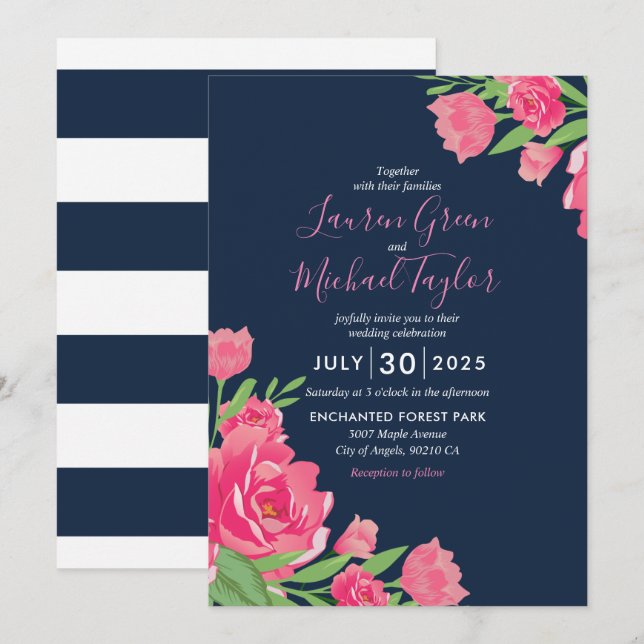 Blue Pink Roses Flower Bouquet Floral Wedding Invitation (Front/Back)