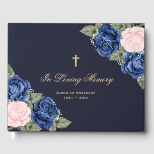 Blue Pink Roses Gold Cross Floral Memorial Funeral Guest Book