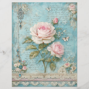 Blue Pink Roses Junk Journal Scrapbook Paper