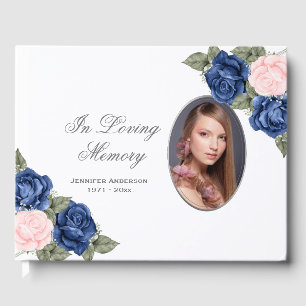 Blue Pink Roses Silver Photo Funeral Memorial Guest Book