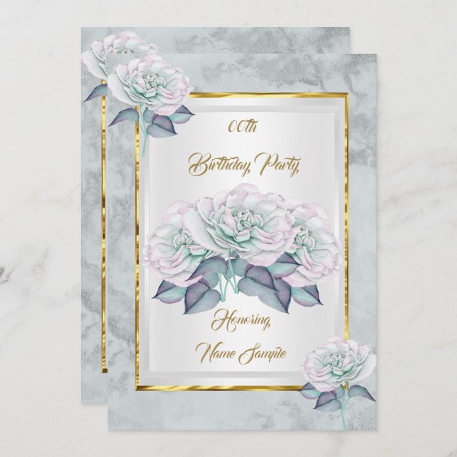 Blue Pink Silver Rose Gold Birthday Party Invite (Front/Back)