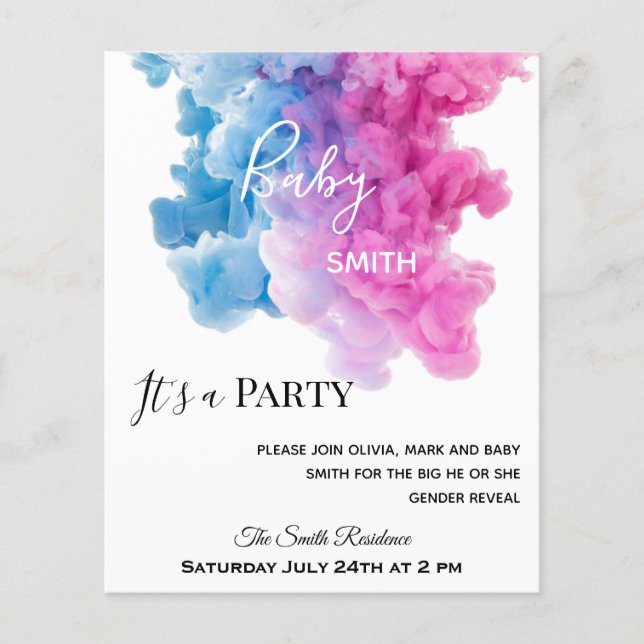 Blue pink smoke budget gender reveal invitation (Front)