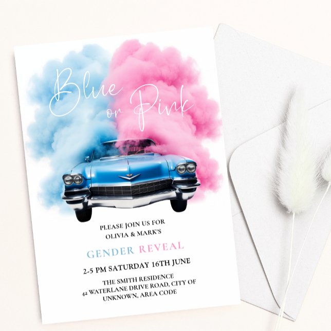 Blue Pink Smoke Car Truck Theme Baby Gender Reveal Invitation (Creator Uploaded)
